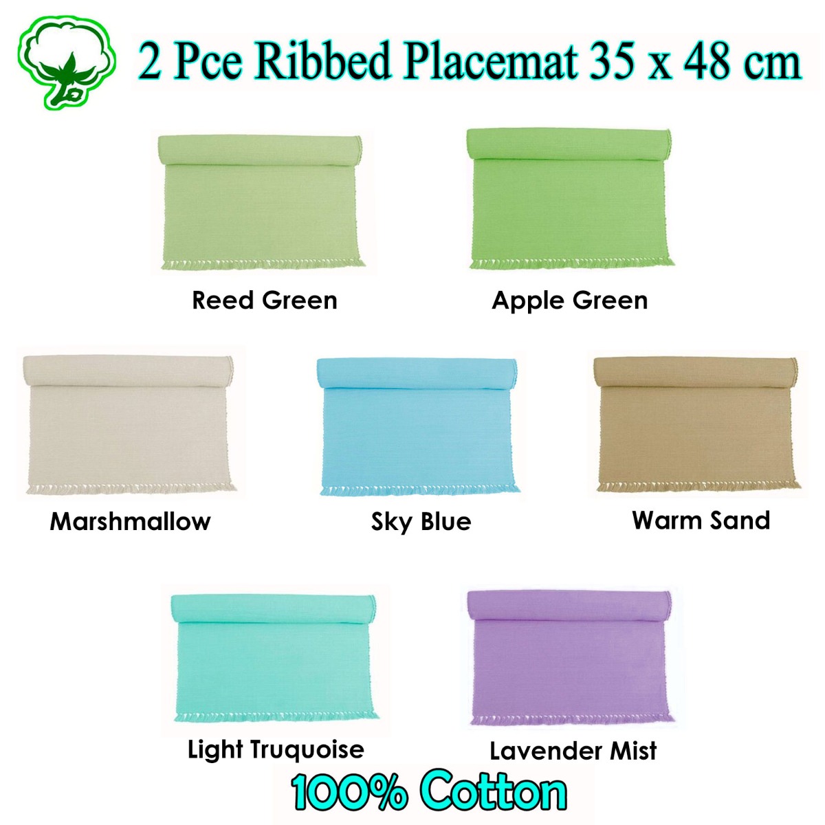 Hoydu Set of 2 - Cotton Ribbed Table Placemats Apple Green โ image 2