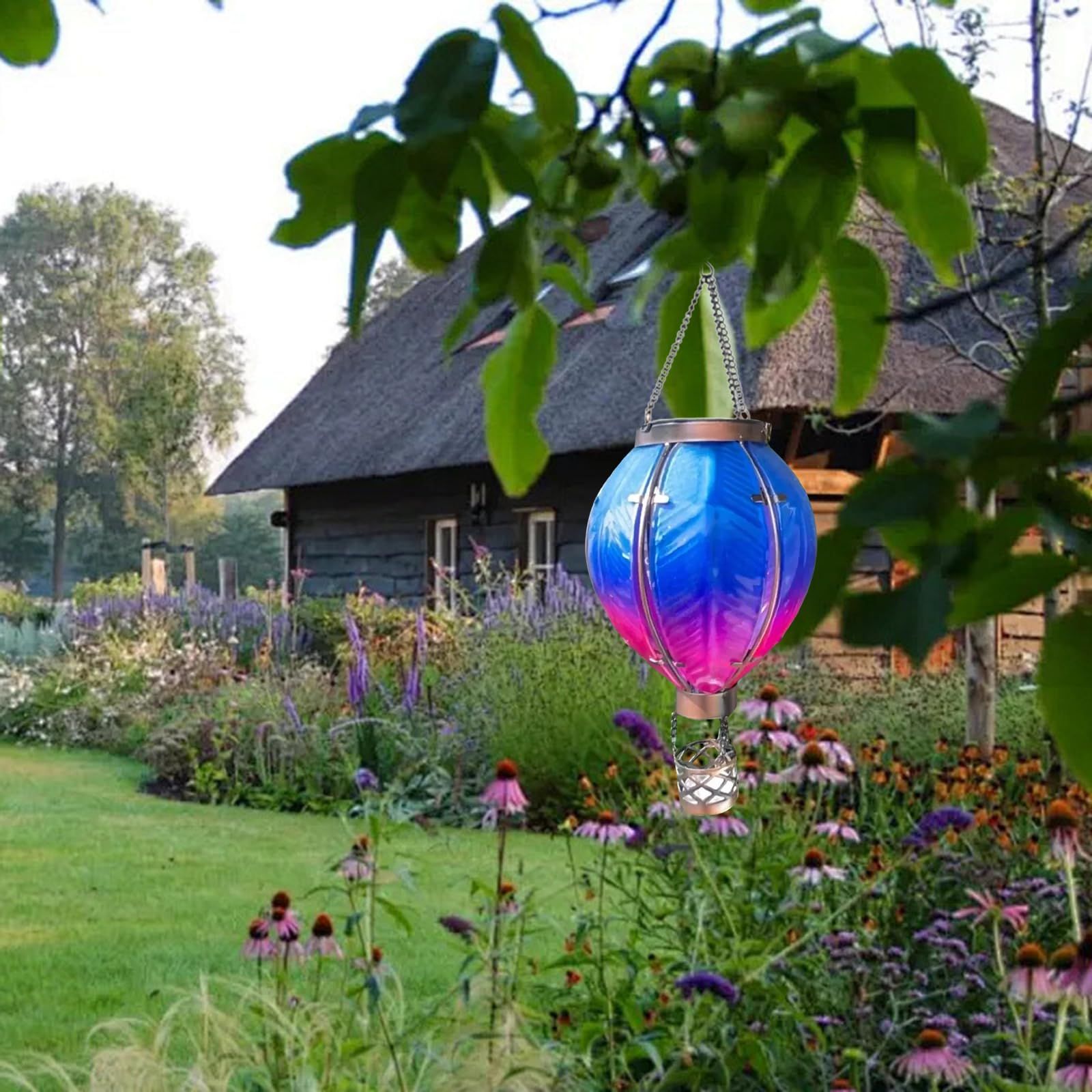 Hot Air Balloon Solar Lantern,Flickering Flame Hanging Solar Lanterns Outdoor Garden Patio Light Decoarion (Blue) โ image 3
