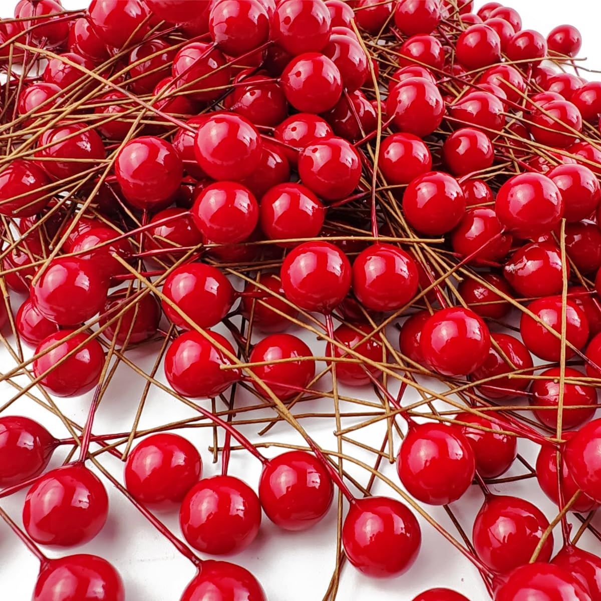 300PCS Artificial Holly Berries, Mini 10 mm Fake Berries Decor on Wire for Christmas Tree Decorations Flower Wreath DIY Craft(Red) — image 2