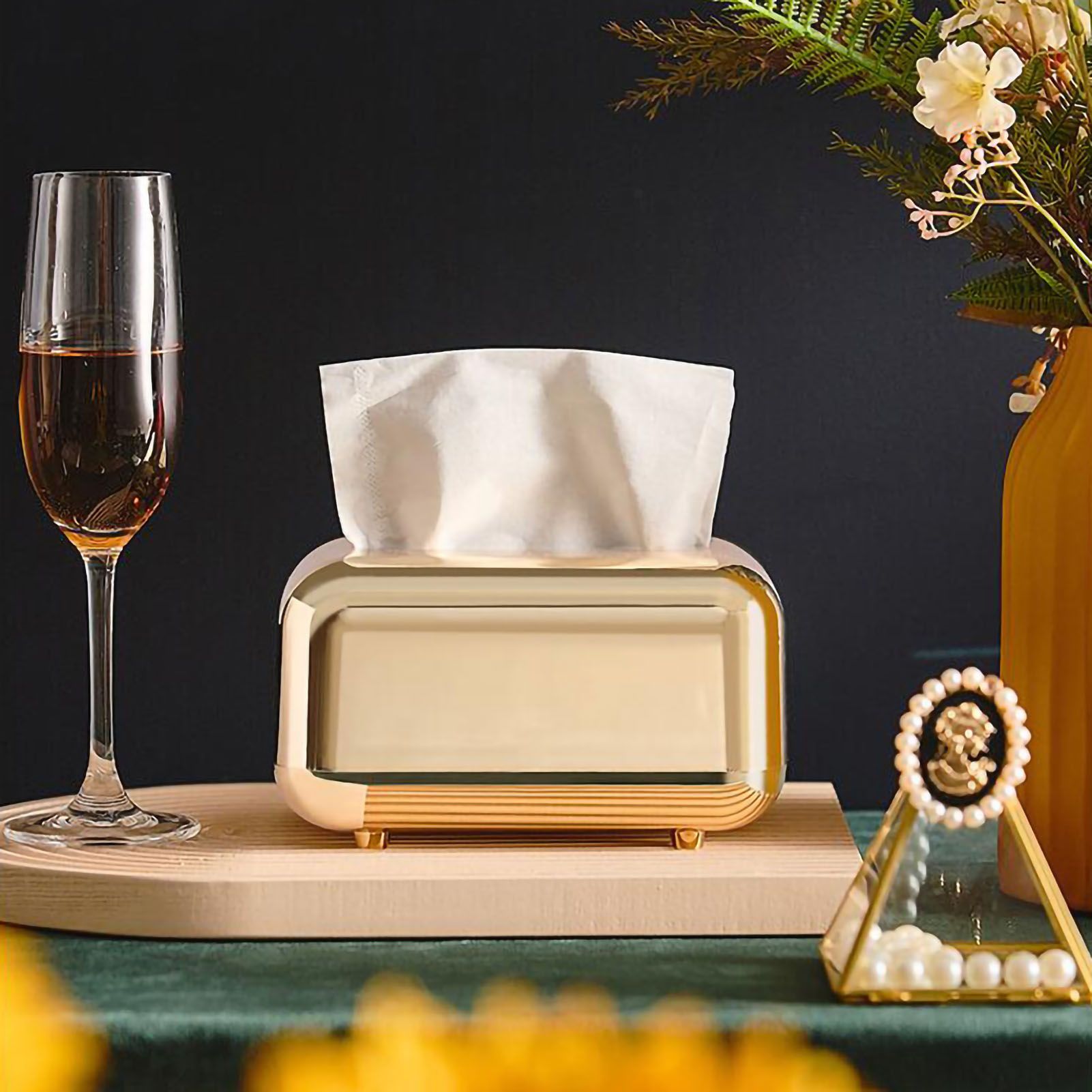 Tissue Storage Box Electroplated Magnetic Retro Built in Spring Facial Tissue Dispenser Box for Home Champagne Gold — image 4