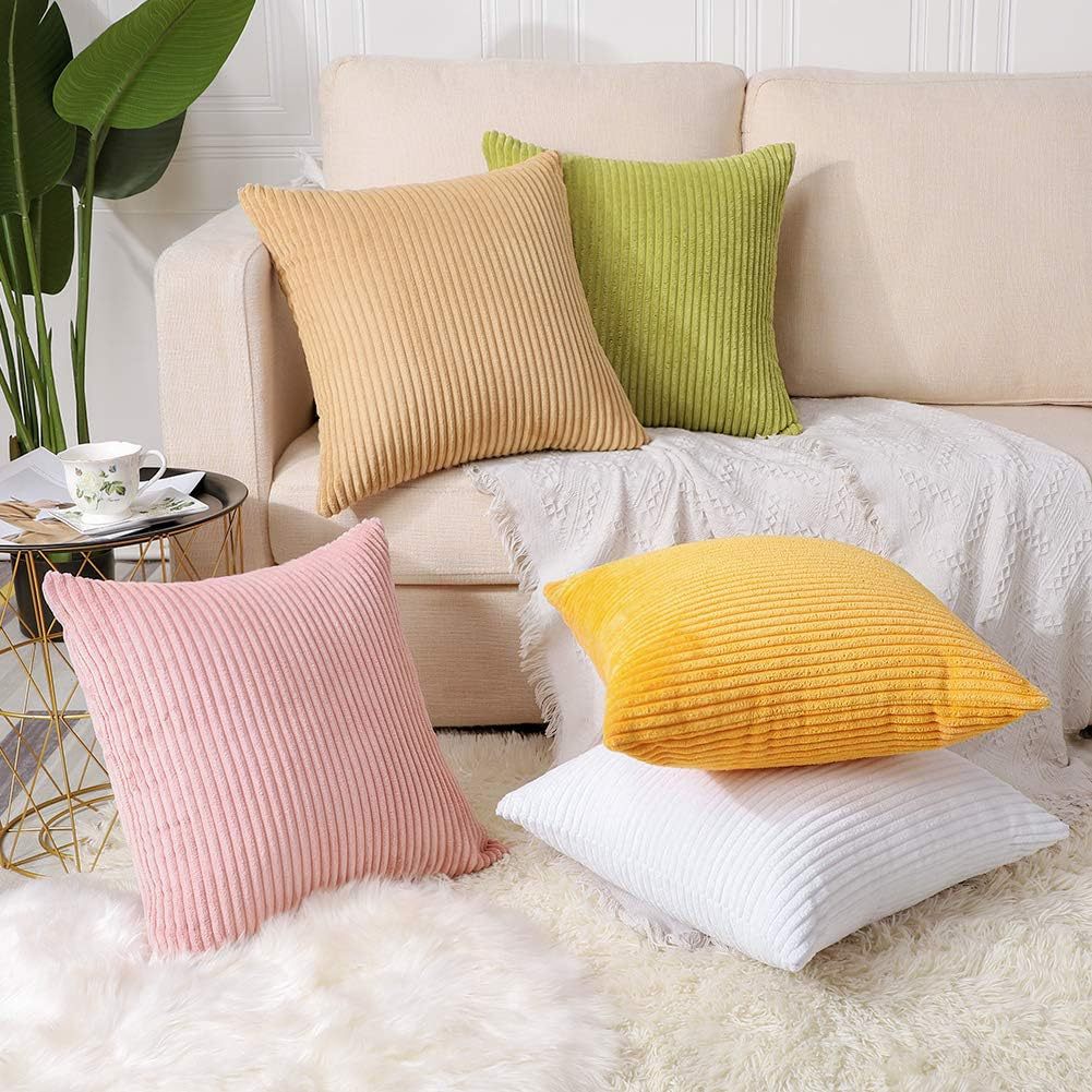 Green Plush Striped Pillow Covers 45 × 45cm - Set of 4 Corduroy-Style Cushion Covers with Invisible Zipper, Soft and Washable for Sofa Decor — image 3