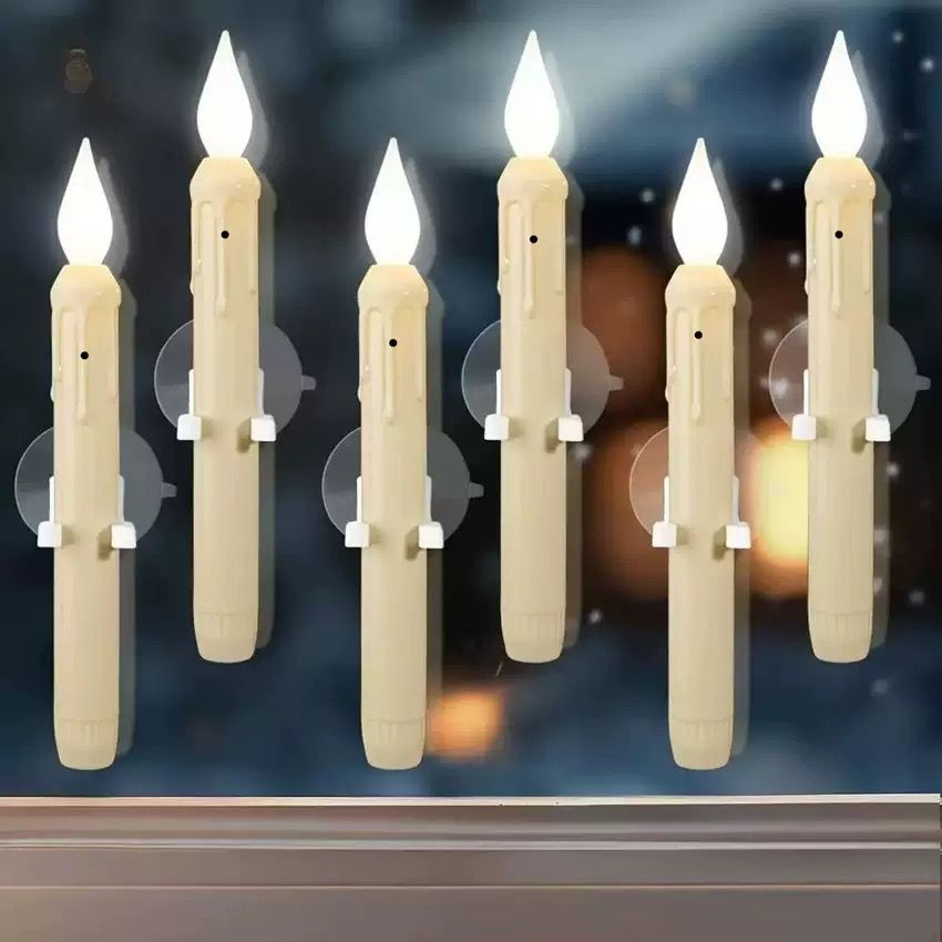 Set of 6 LED Flickering Window Candles with Light Sensor, Battery Operated Dusk to Dawn Auto-On/Off, Realistic 3D Flame, Suction Cup Mount for