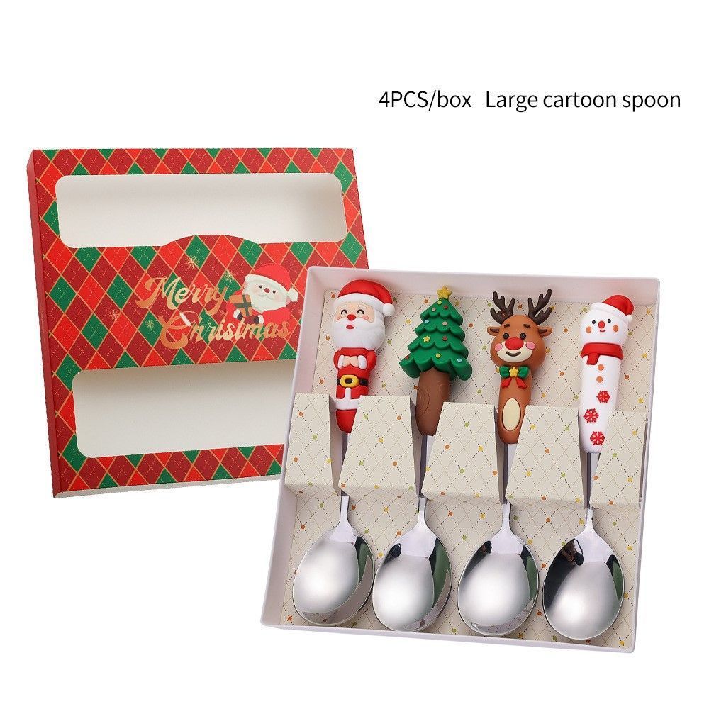 4Pcs Large Silver Xmas Doll Handle Stainless Steel Spoon Only Set Style B, Green Checkered Box Packaging for Christmas Table Ornament and Holiday Gift