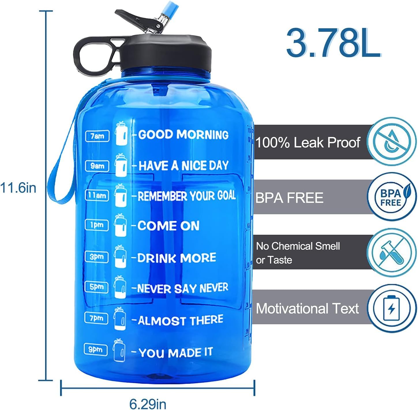 64 oz/Half Gallon Motivational Water BottleLeakproof BPA Free Sports Water Jug with Time Marker to Ensure You Drink Enough Water — image 2