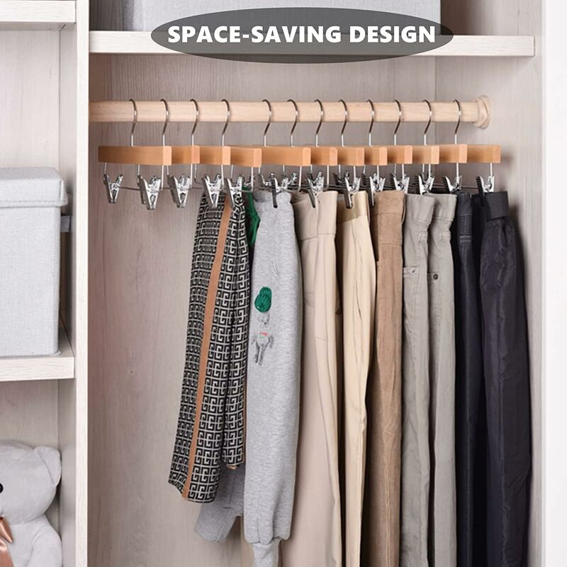 Home 10 Pack 32Cm Natural Wooden Hangers For Pants Skirts Socks Underwear Non-Slip Hangers With Clips — image 4