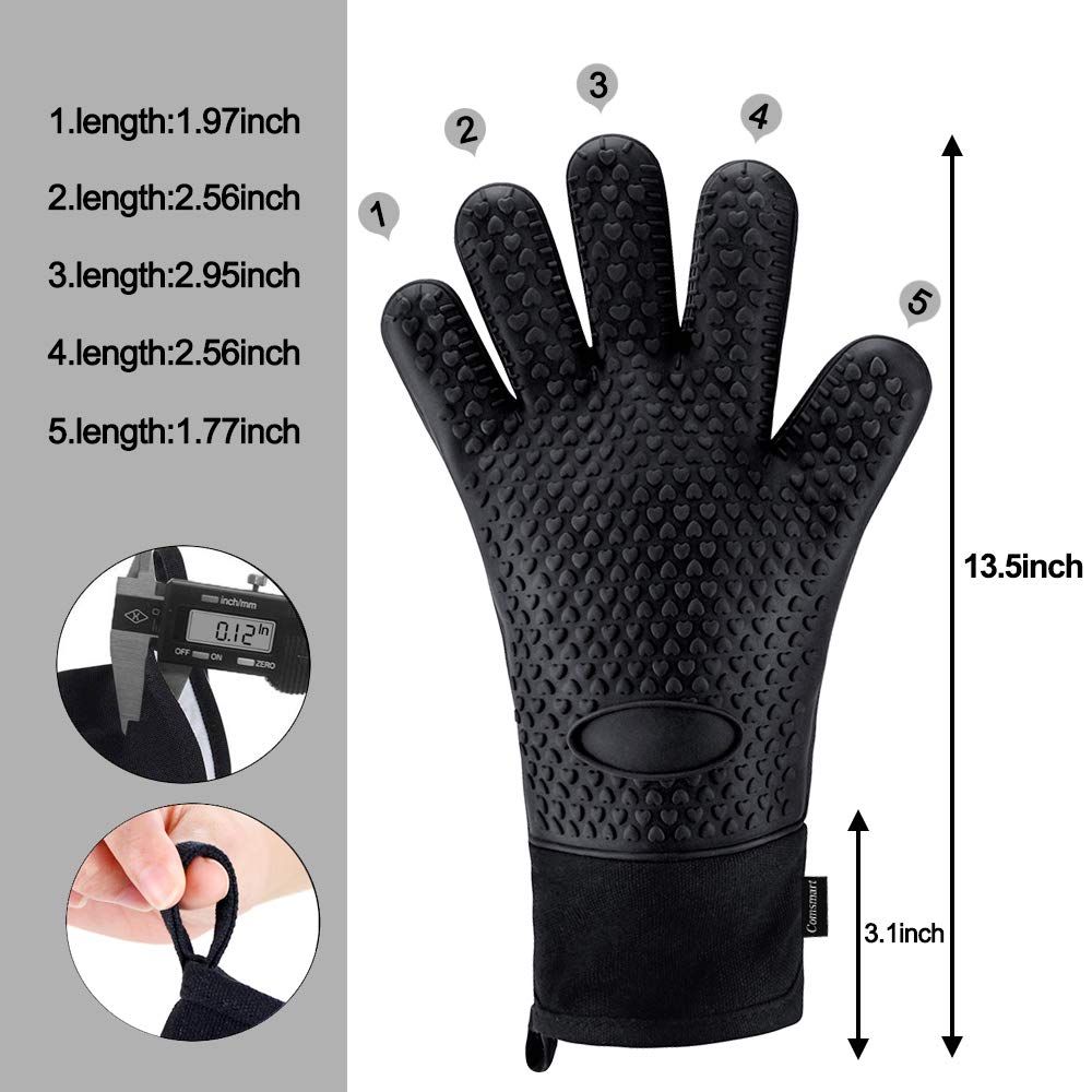BBQ Gloves, Heat Resistant Silicone Grilling Gloves, Long Waterproof BBQ Kitchen Oven Mitts with Inner Cotton Layer (Black) — image 3