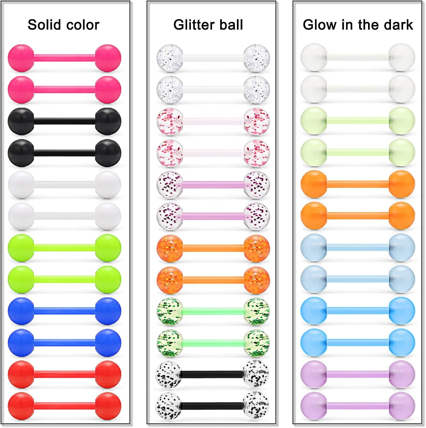 36Pcs 14G Glow in Dark Flexible Acrylic Straight Tongue Barbell Nipple Ring Retainer Piercing Jewelry for Women Men 16mm Bar — image 3