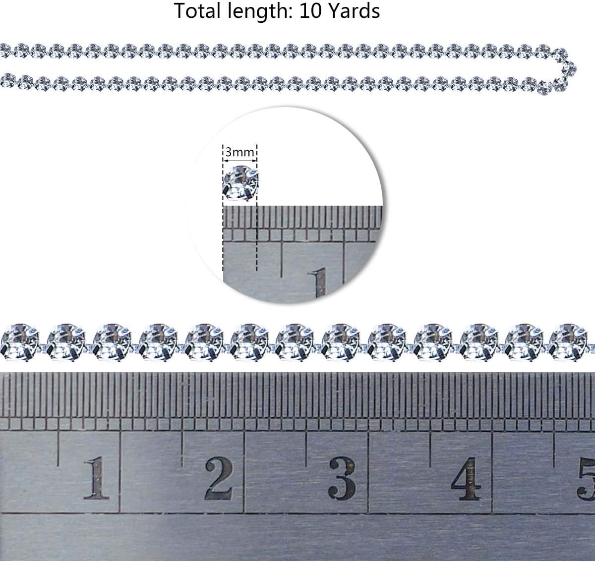 1 Roll 10 Yards 3MM Crystal Rhinestone Close Chain Trim for Sewing Craft DIY Decoration Jewelry Silver Claw Cup Diamond Trimming Clear (SS12) silver — image 6