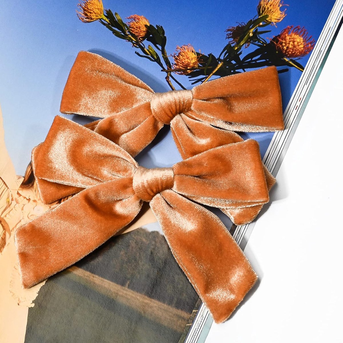 Hair Bows for Girls – 4.5 inch Velvet, Orange-Brown, Autumn/Winter — image 2