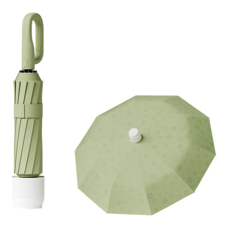 Macha Green Foldable Automatic Open Umbrella with Retractable Waterproof Sleeve, Clip Handle and Winproof Dual Rib - Lightweight Rain Sun Umbrella, Large
