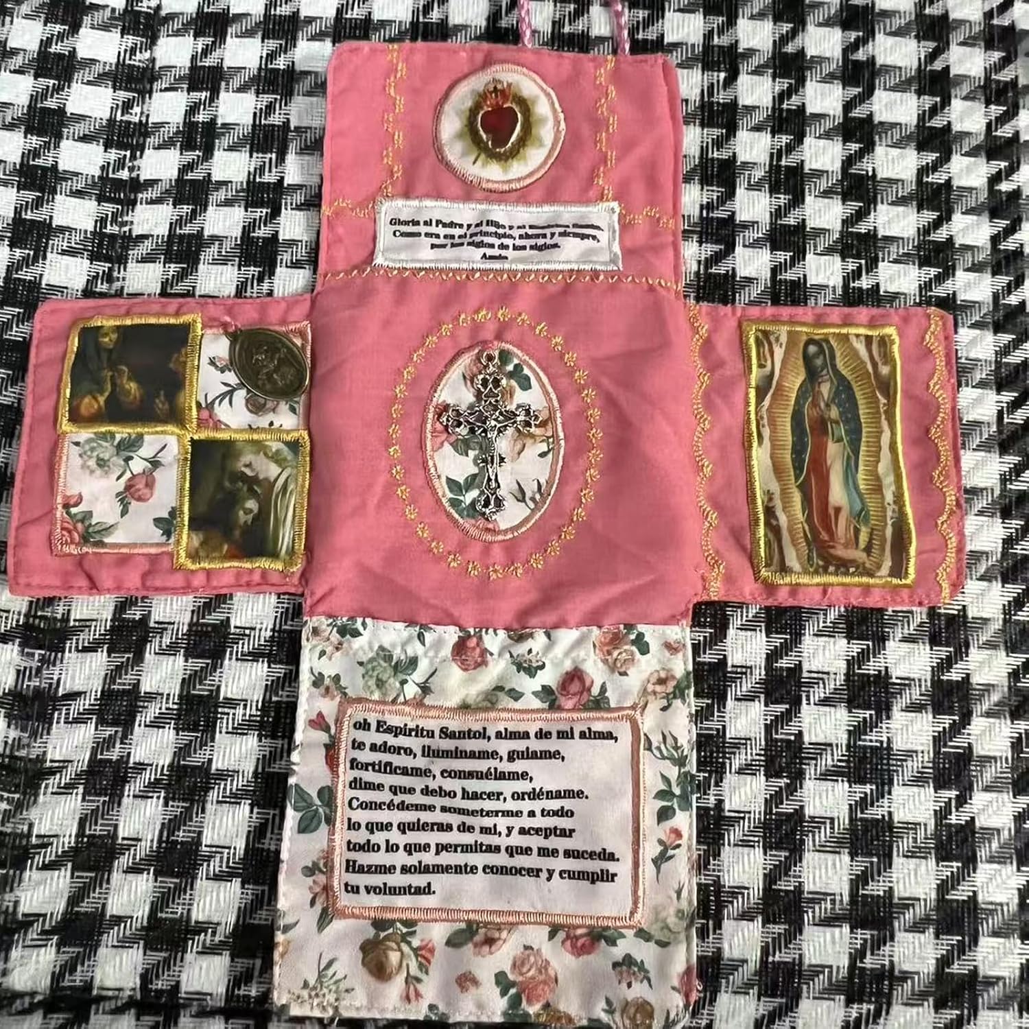 Mini Handcrafted Catholic Pocket Shrine – Foldable Prayer Altar with Silver Cross, Religious Art & Embroidered Prayers, Portable Faith Companion, 6.5 x 5.5 — image 3