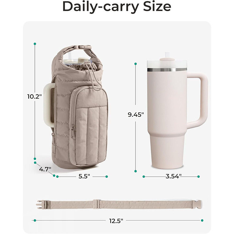 Khaki Nylon Quilted Insulated Water Bottle Bag for 18-64oz Flask - Lightweight Sports & Travel Puffer Shockproof Protective Pouch — image 5