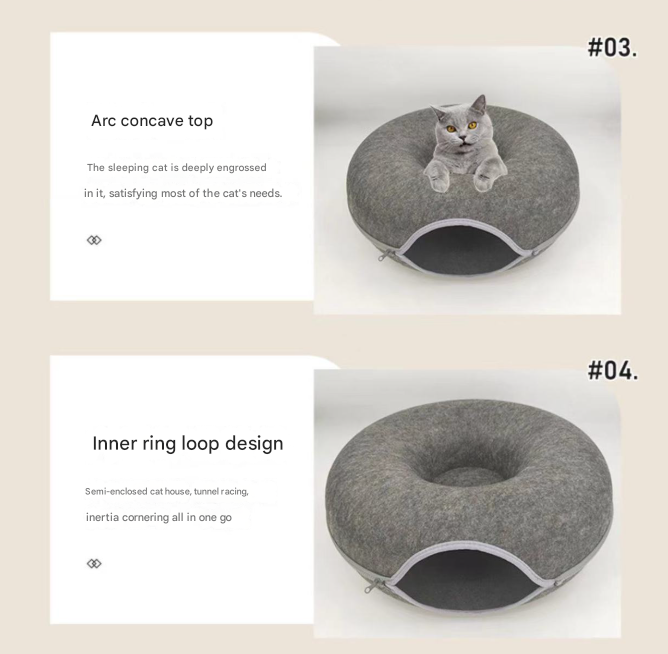 Dark grey Felt Donut Cat Bed with Zipper Tunnel Toy, Double-Layer Pet Cave for Cats, M Size (50x20cm), Cozy Hideaway for Indoor Cats — image 3
