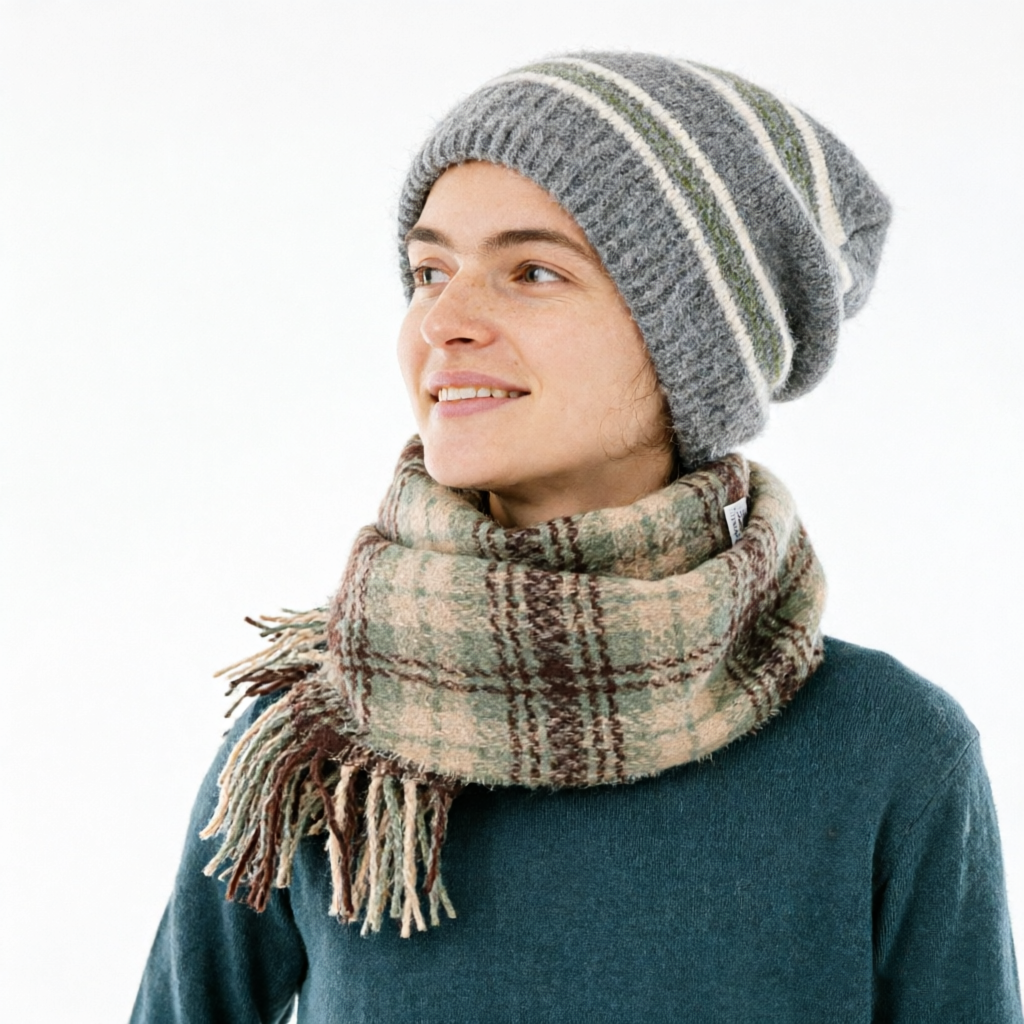 Striped Wool-Blend Beanie & Plaid Fringed Scarf Set — Soft Knit Hat (36 × 26 cm) and Oversized Shawl (200 × 65 cm); A Must-Have for Christmas and Cold Weather — image 2
