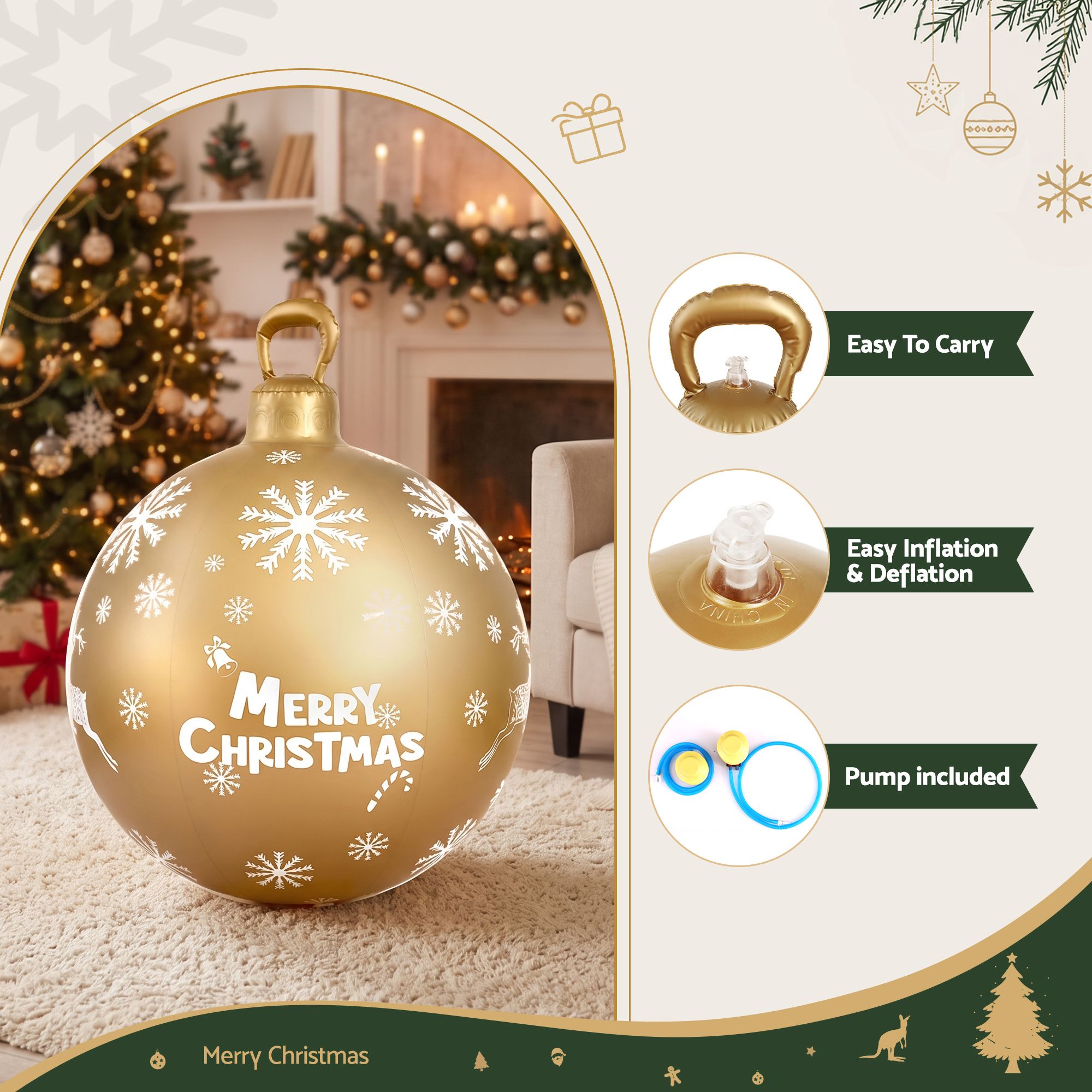 Jingle Jollys Christmas Inflatable Ball Bauble 60cm Outdoor Decoration Gold โ image 5