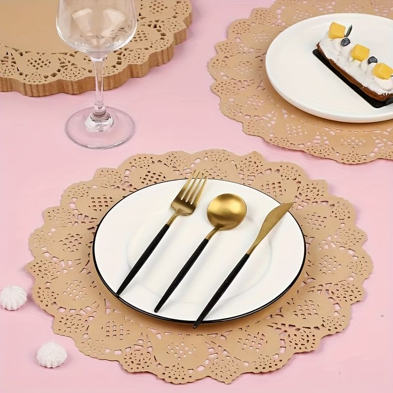 50Pack Round Brown Kraft Paper Doilies 13.5 Inches Lace Paper Place Mats Rustic Scallop Doily Disposable Table Pads for Food Cakes Crafts Party Weddings — image 4