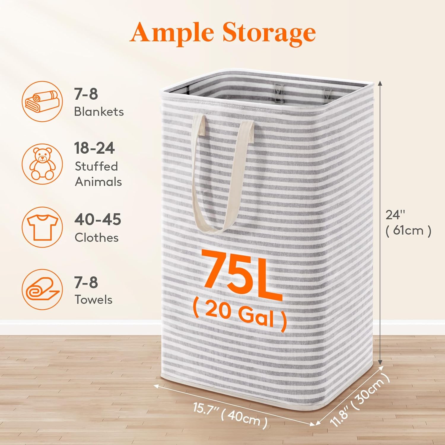 75L Large Collapsible Laundry Hamper, Tall Foldable Dirty Clothes Baskets Waterproof, Freestanding Design with Easy Carry Handles in Dorm Bedroom Bathroom โ image 2