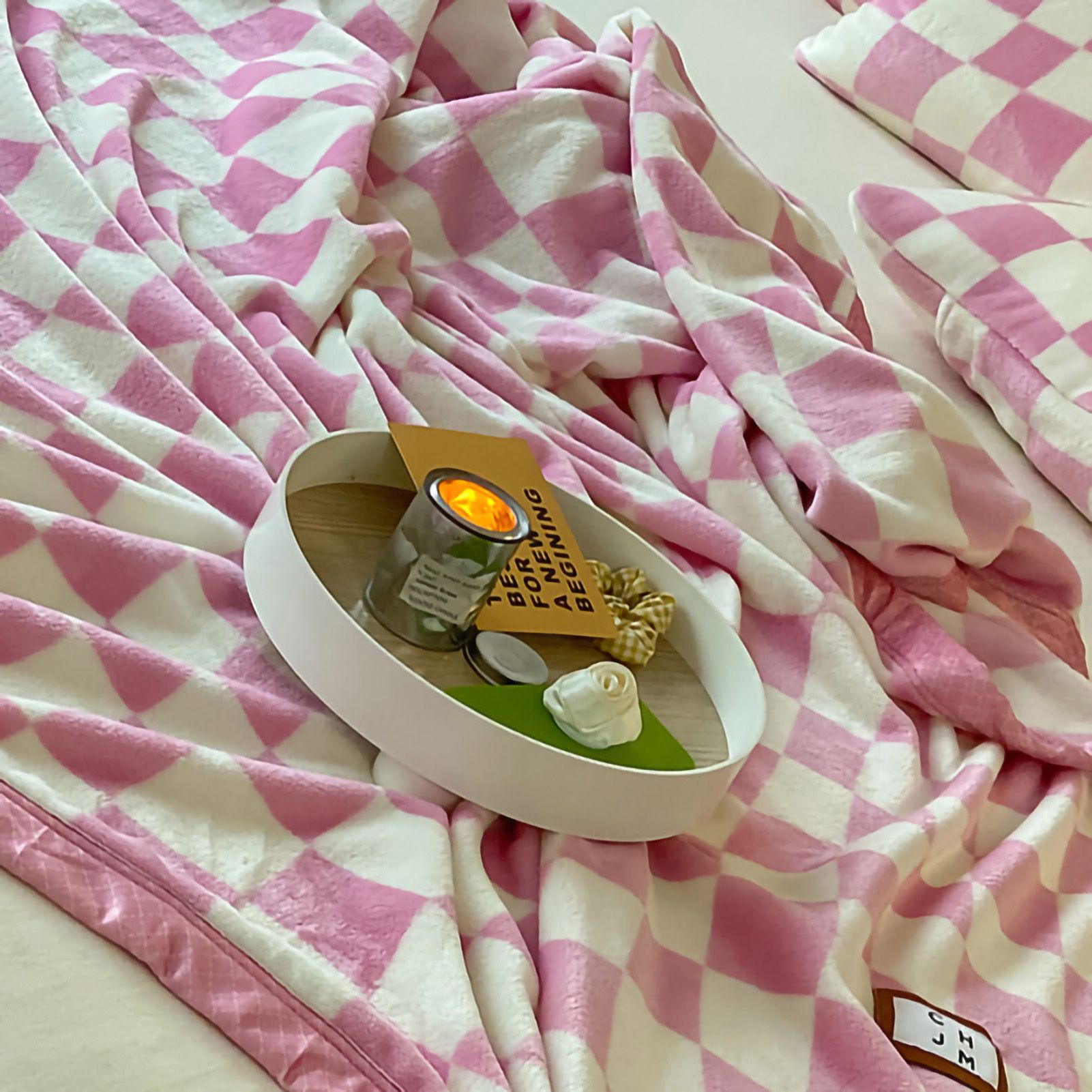 Simple Vintage Checkerboard Blanket Autumn Winter Warm Nap Throw Blanket Flannel Fleece Sofa Leisure Blanket Baby Pink 150x200cm โ image 3