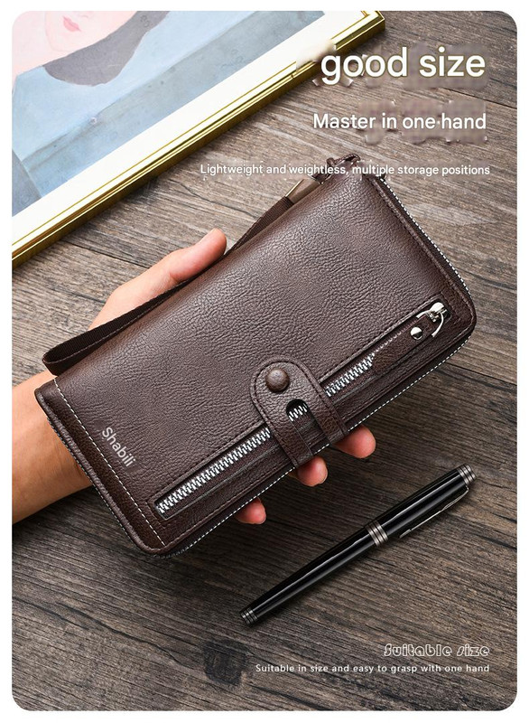 Two pieces High-Capacity PU Leather Clutch Wallet - Unisex Design with Wrist Strap, Zipper & Multiple Card Slots(Dark brown) โ image 5