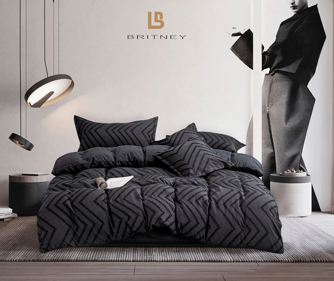 Tufted Boho Wave Jacquard Queen Size Black Duvet Quilt Cover Set — image 3