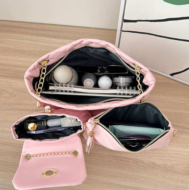 4-Piece PU Leather Rhombus Handbag Set - Large Capacity Shoulder Bag with Secure Zipper & Buckle Closure, Stylish Strap & Charms(Black) — image 5