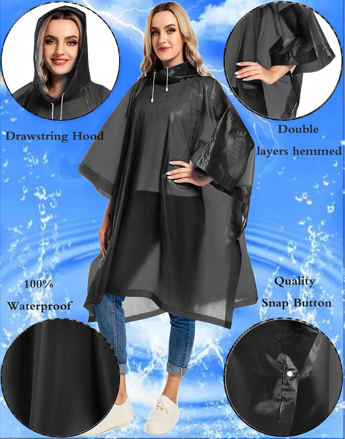 2 Pack Rain Ponchos for Adults Reusable - Raincoats Survival Emergency Heavy Duty Rain Coat with Drawstring Hood — image 3