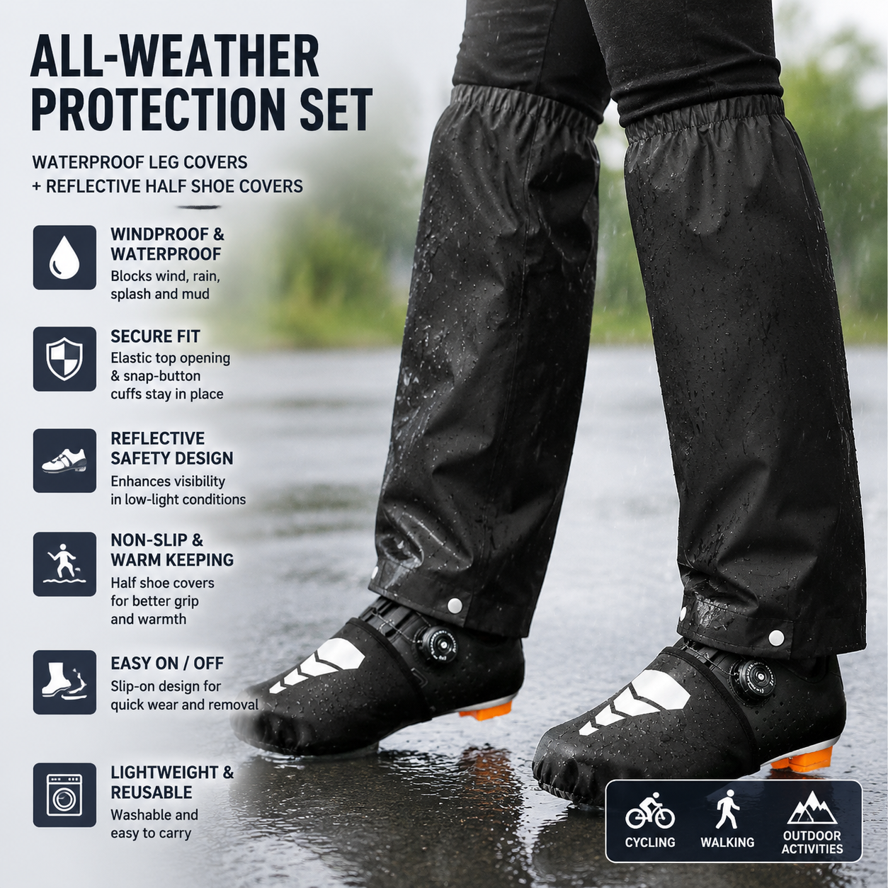 Black Waterproof Windproof Cycling Shoe Covers & Long Half Rain Pants Set โ 2 Pairs Nonslip Reflective Half Toe Shoe Covers and 1 Pair Quick Pull-On Adjustable
