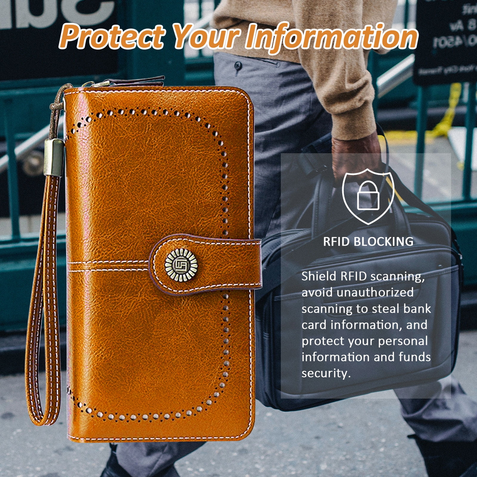 Leather Wallet Women Rfid Blocking Large Capacity, Zip Around Long Wallet - Pu Phone Clutch Purse, Trifold Ladies Wallets Coins Zipper Pocket with Id Window — image 3