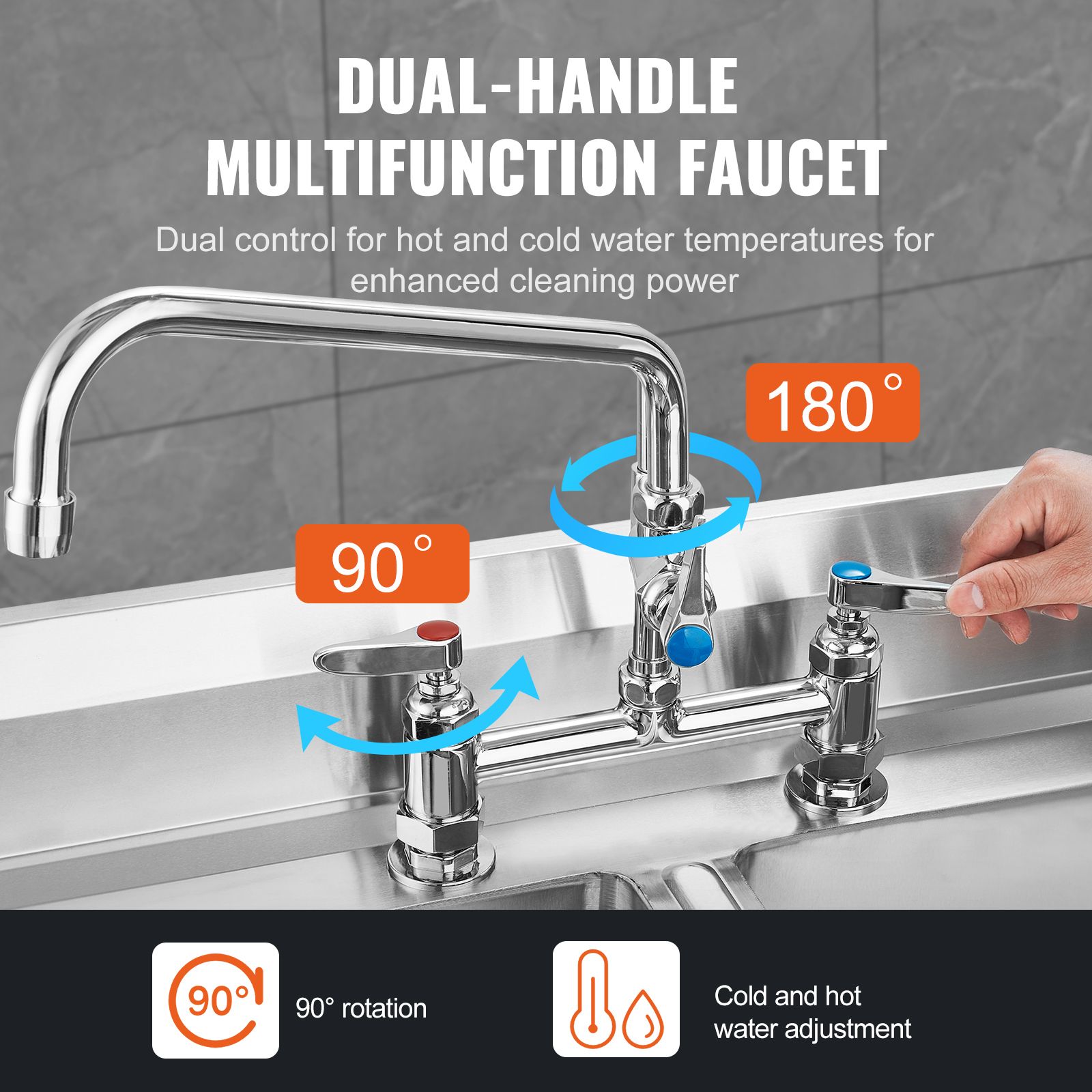 Commercial Faucet with Pre-Rinse Sprayer, 26" Height, 8" Center, 12" Swing Spout, Deck Mount Kitchen Sink Faucet, Brass Constructed Device with Pull Down — image 5