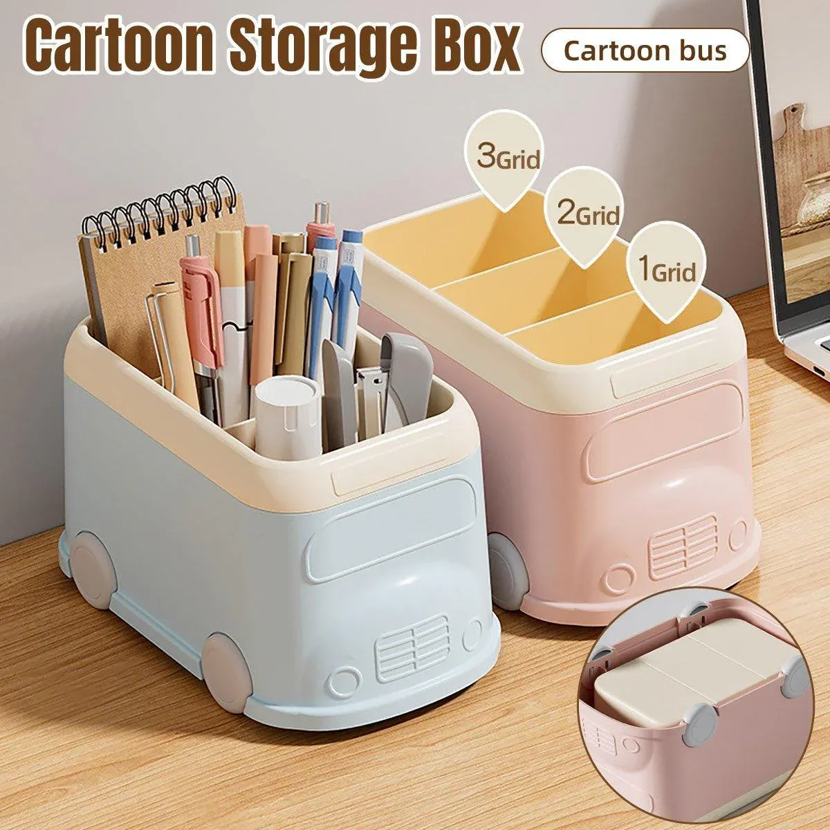 Cartoon Desktop Pen Holder Multi-Compartment Stationery Organizer Storage Box - Blue — image 2