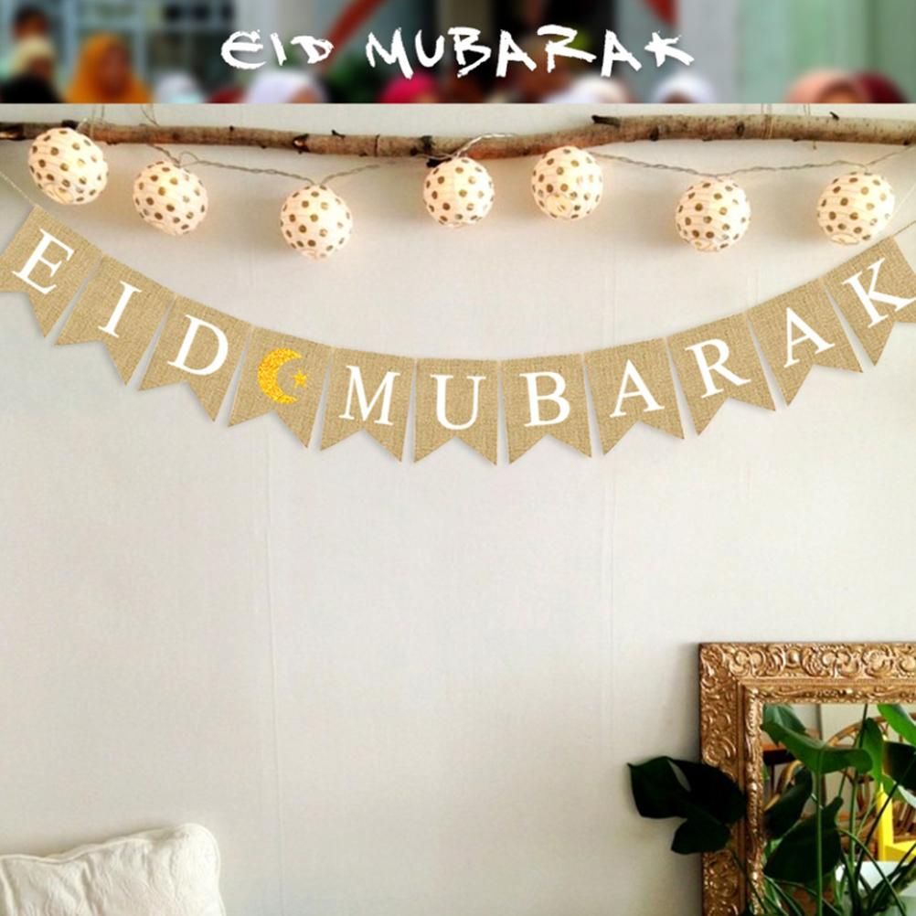 Eid Mubarak Banner Burlap Flag Decoration Eid Celebration Hanging Banner for Corridor Windows Living Room โ image 2