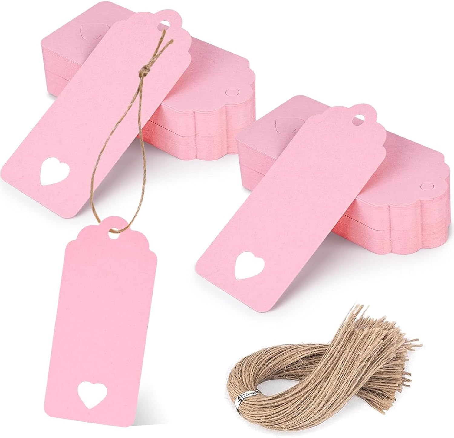 80PCS Gift Tags with String Attached, 3.5 × 1.5 Inches Pink Heart Gift Tags with String for Wedding, DIY Crafts