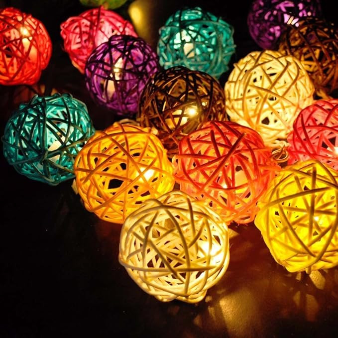 1 Set of Multi Coloured 5cm Rattan Cane 50 Ball Battery Powered LONG 5m String Lights Christmas Gift Home Wedding Party Bedroom Decoration Table โ image 4