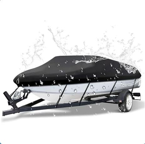 600D Oxford Cloth Boat Cover for 20-22 Feet V-Hull Boat, Waterproof UV Protection Dustproof Marine Cover for 20'~22' Speedboat Motor Yacht, Adjustable Strap &