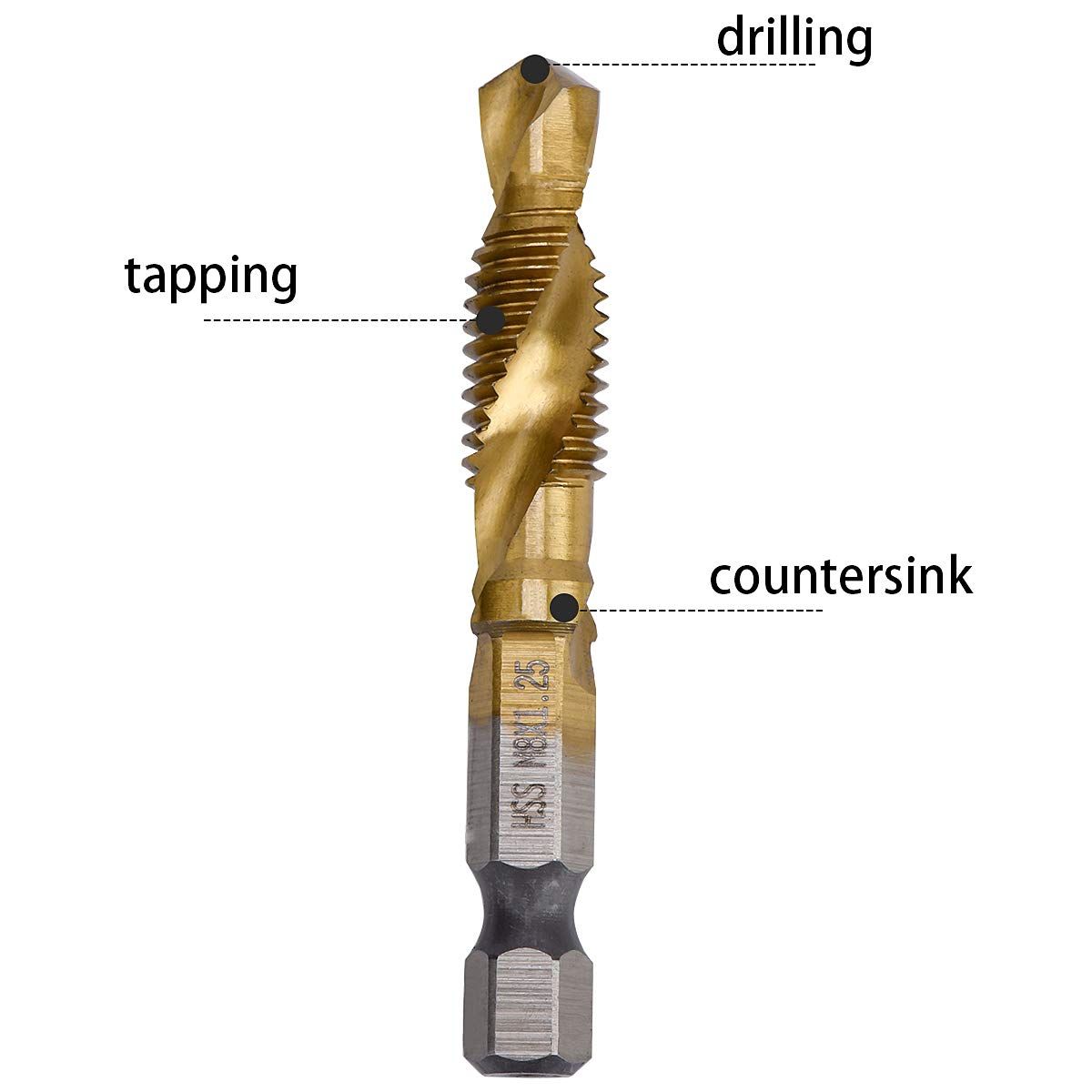Combination Drill Tap Bit Set 6 Piece Hex Shank Quick Change HSS Titanium Coated Spiral Tap Drill Bit Include Spiral Screw Tap Set — image 2