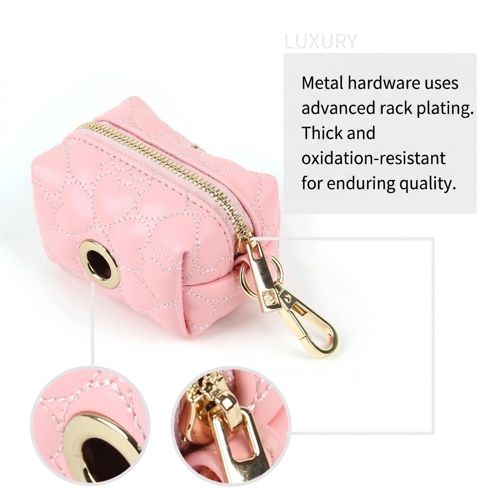 Luxury Dog Walking Organizer Pouch with Heart Quilting, PU Leather Poop Bag Dispenser and Key Holder, Compact Cube Design with Premium Gold Hardware — image 4