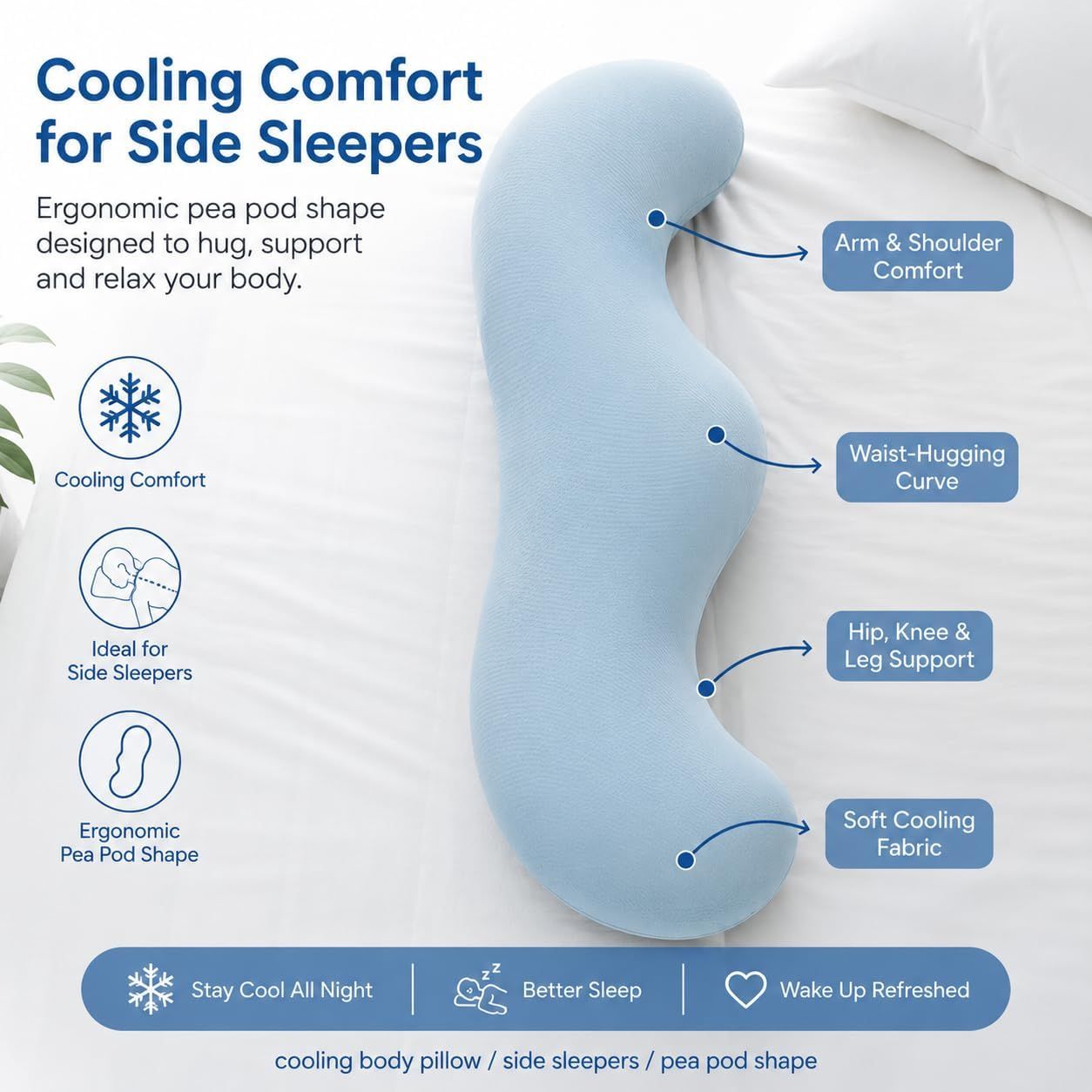 Pea Pod Shape Body Pillow for Adults Full-Body Support Side Sleeper Pillow, Pregnancy Back Pain Relief, Soft Hug Pillow with Memory Fiber Filling(Light Blue,43 — image 4