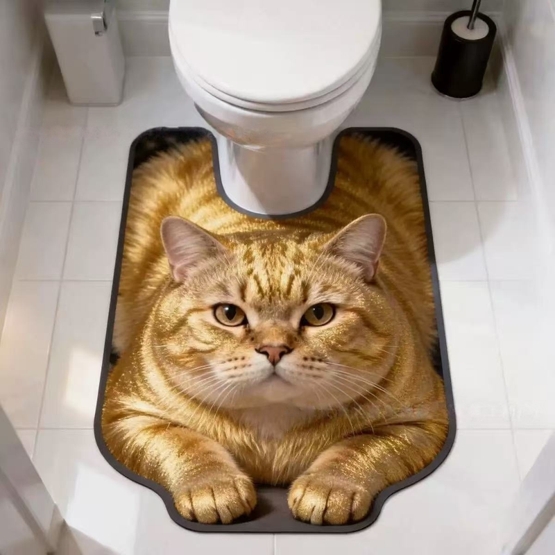 U Shaped Toilet Mat Quick Dry Diatomite Orange Tabby, 15.75 × 19.69 in