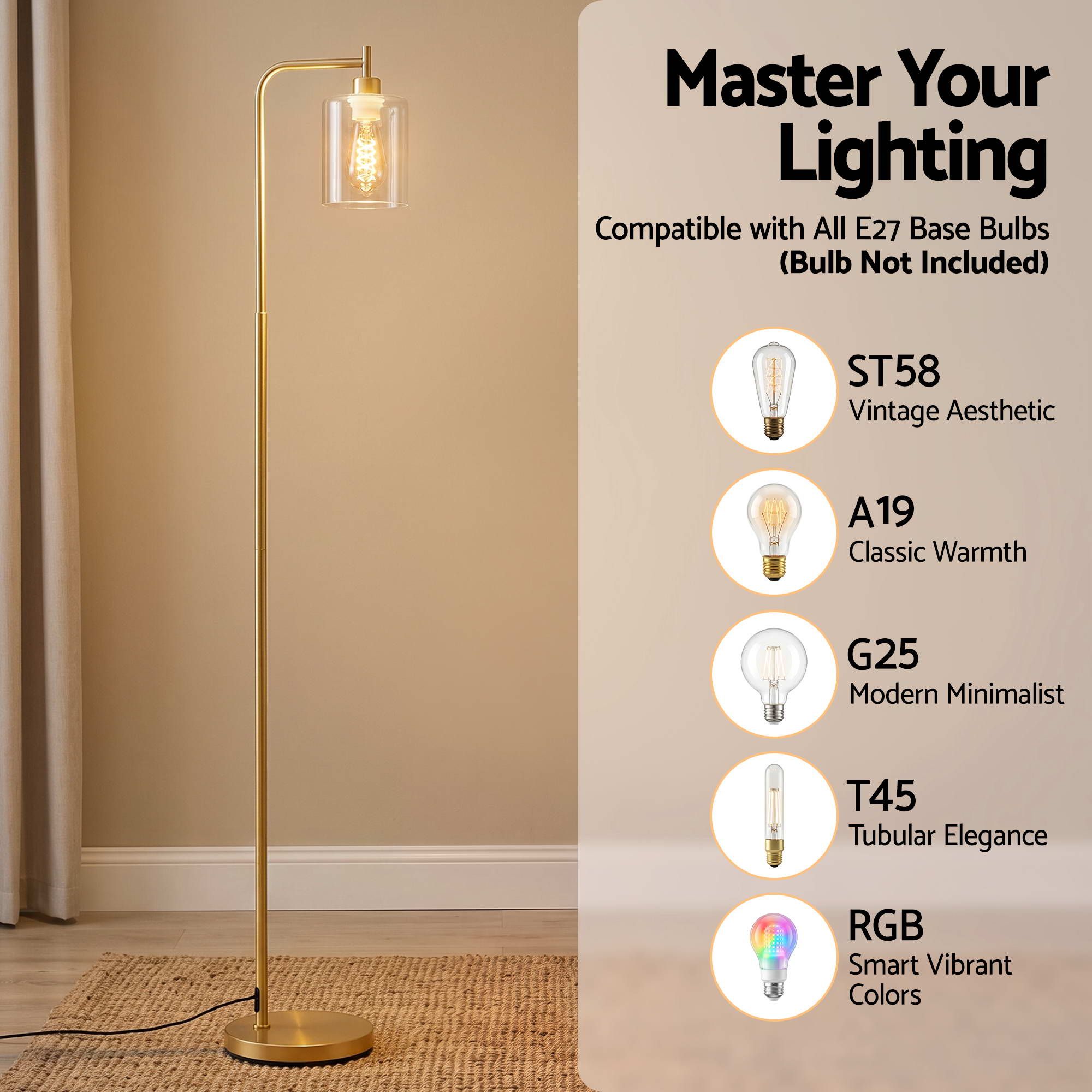 Artiss Floor Lamp Modern Industrial Standing Light with Clear Glass Shade, GoldMetal Tall Lamp for Living Room, Bedroom & Office, Anti-Tipping Weighted Base & โ image 4