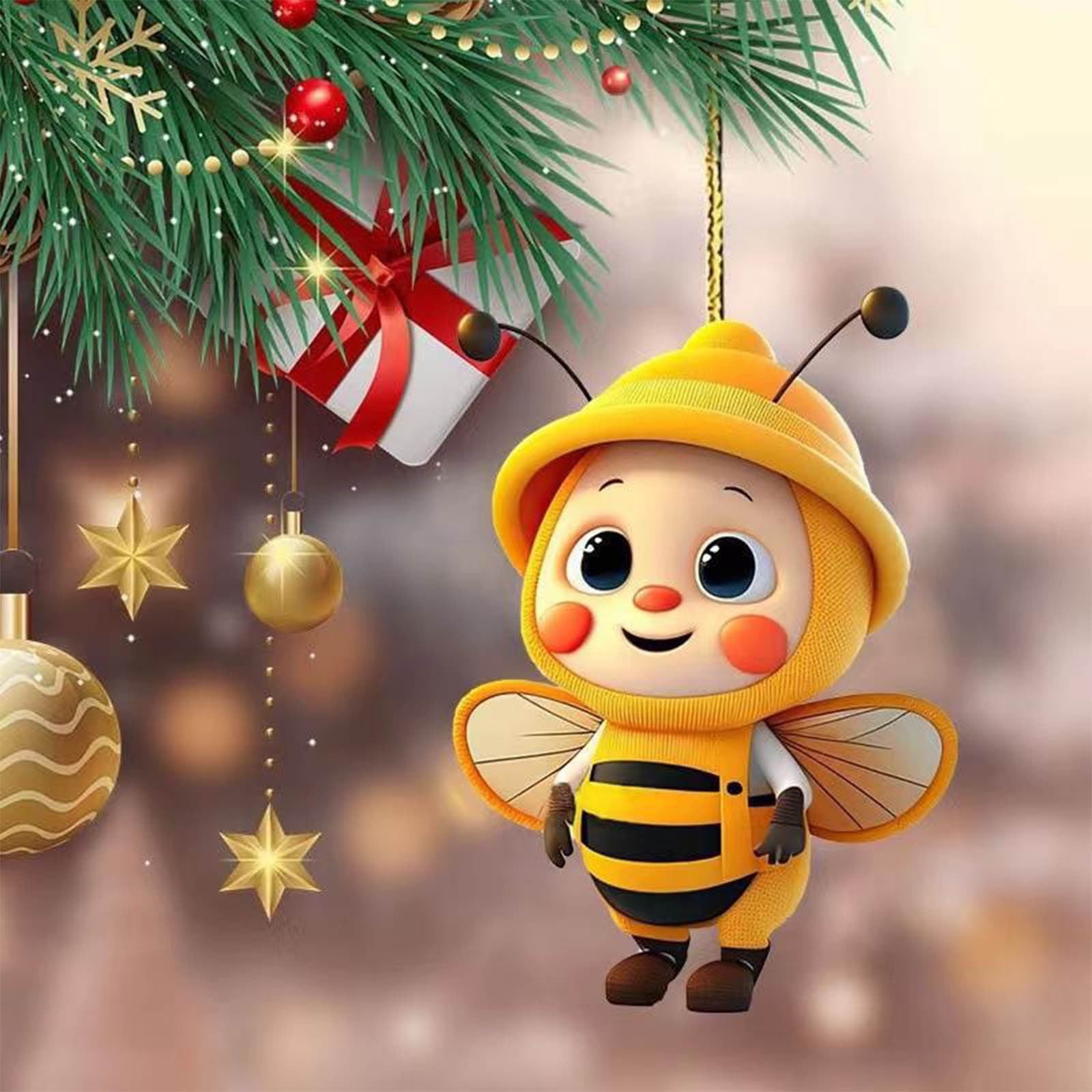 6PCS Christmas Cute Bee Hanging Ornaments, 3.15" Flat Christmas Tree Hanging Pendants, Acrylic Yellow Honeybee with Hat Indoor Decoration for Home Party — image 6