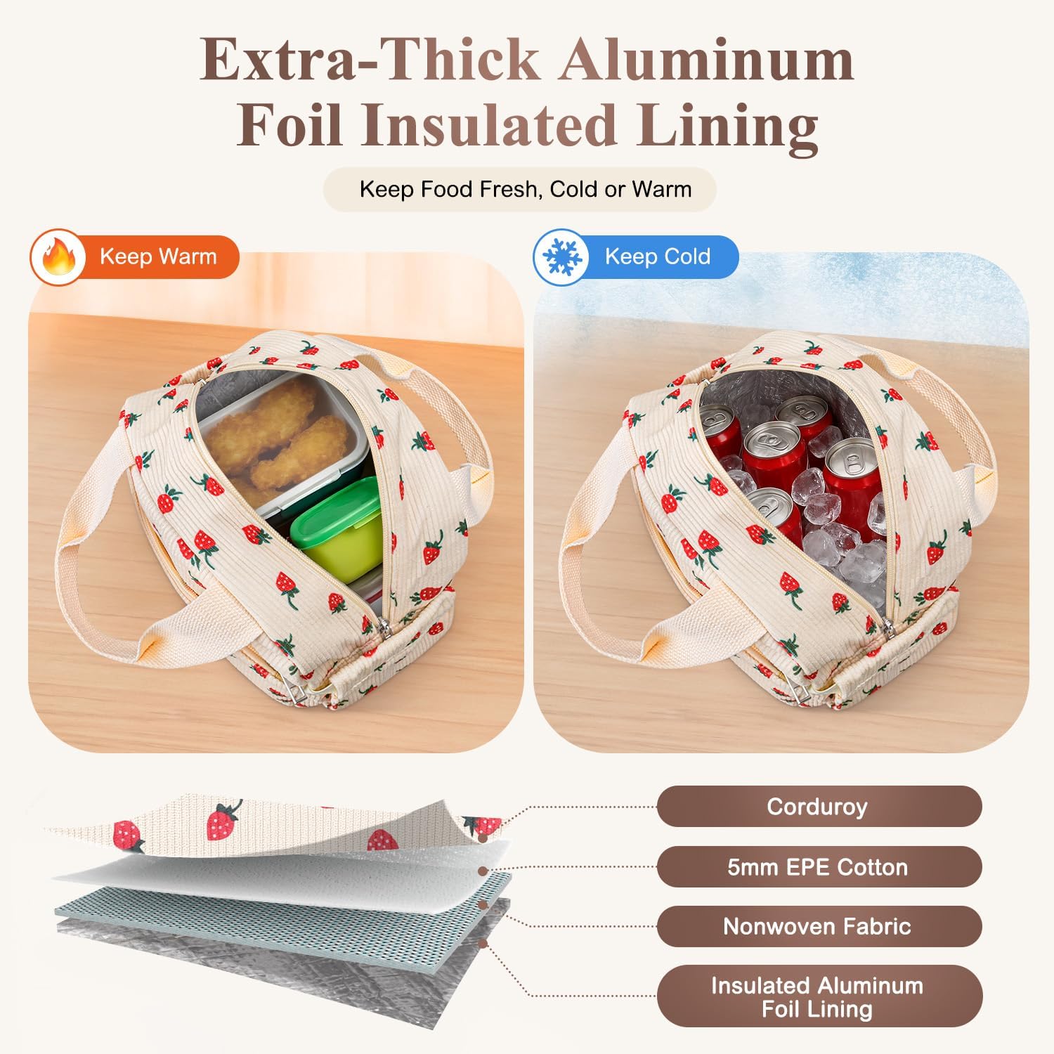Lunch Box for Women, Cute Strawberry Corduroy Insulated Lunch Bag Women Reusable Work Leakproof Simple Adults Large Lunch Boxes Tote Bag Men Cooler Bag β image 2