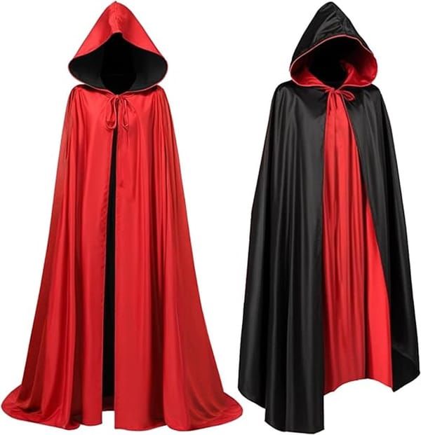 Reversible Hooded Long Cape, Black & Red Double‑Sided Unisex Cloak, Halloween Cosplay Costume for Vampire Reaper Witch Pirate