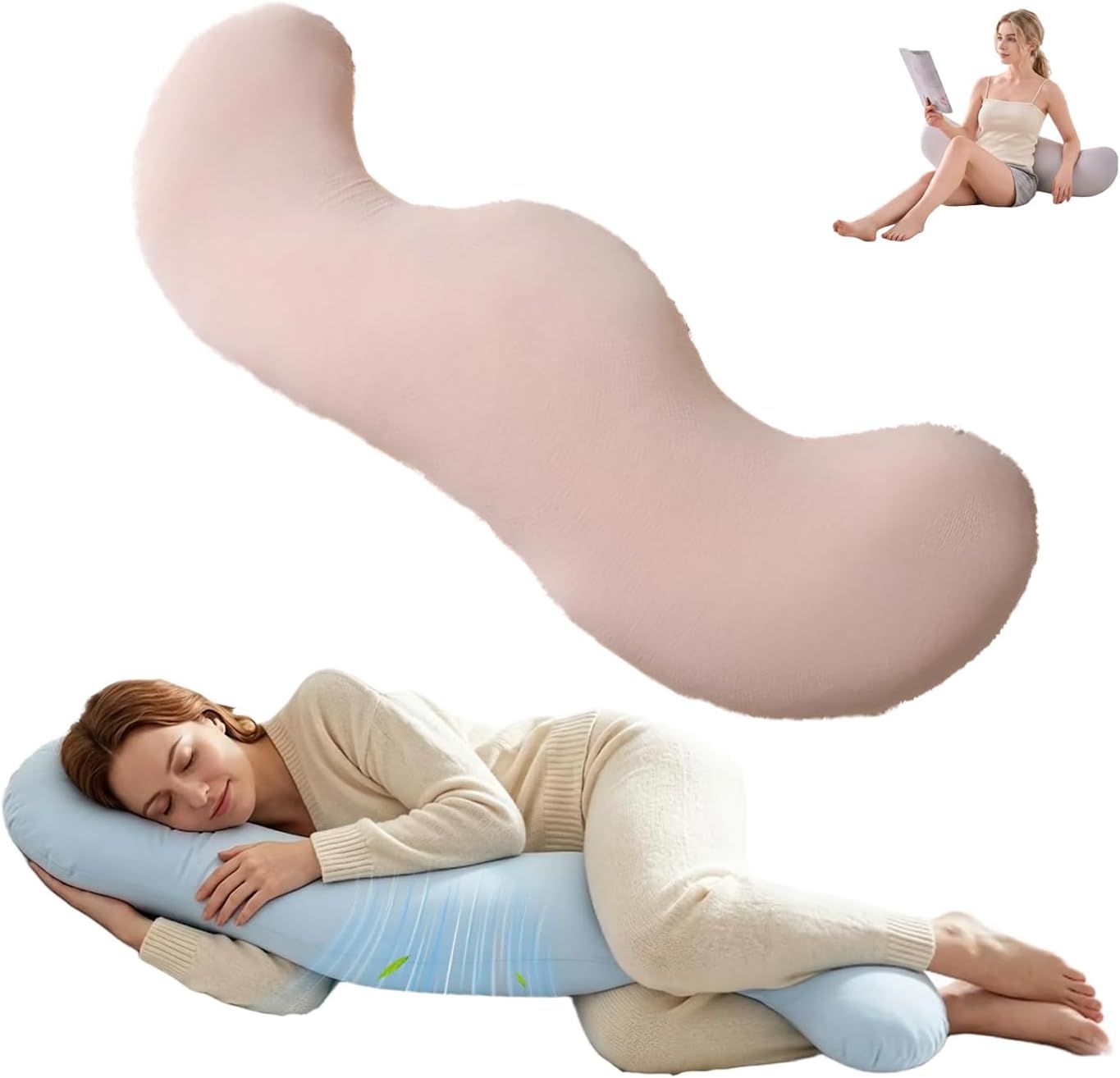 Pea Pod Shape Body Pillow for Adults Full-Body Support Side Sleeper Pillow, Pregnancy Back Pain Relief, Soft Hug Pillow with Memory Fiber Filling(Pink,43.3in)