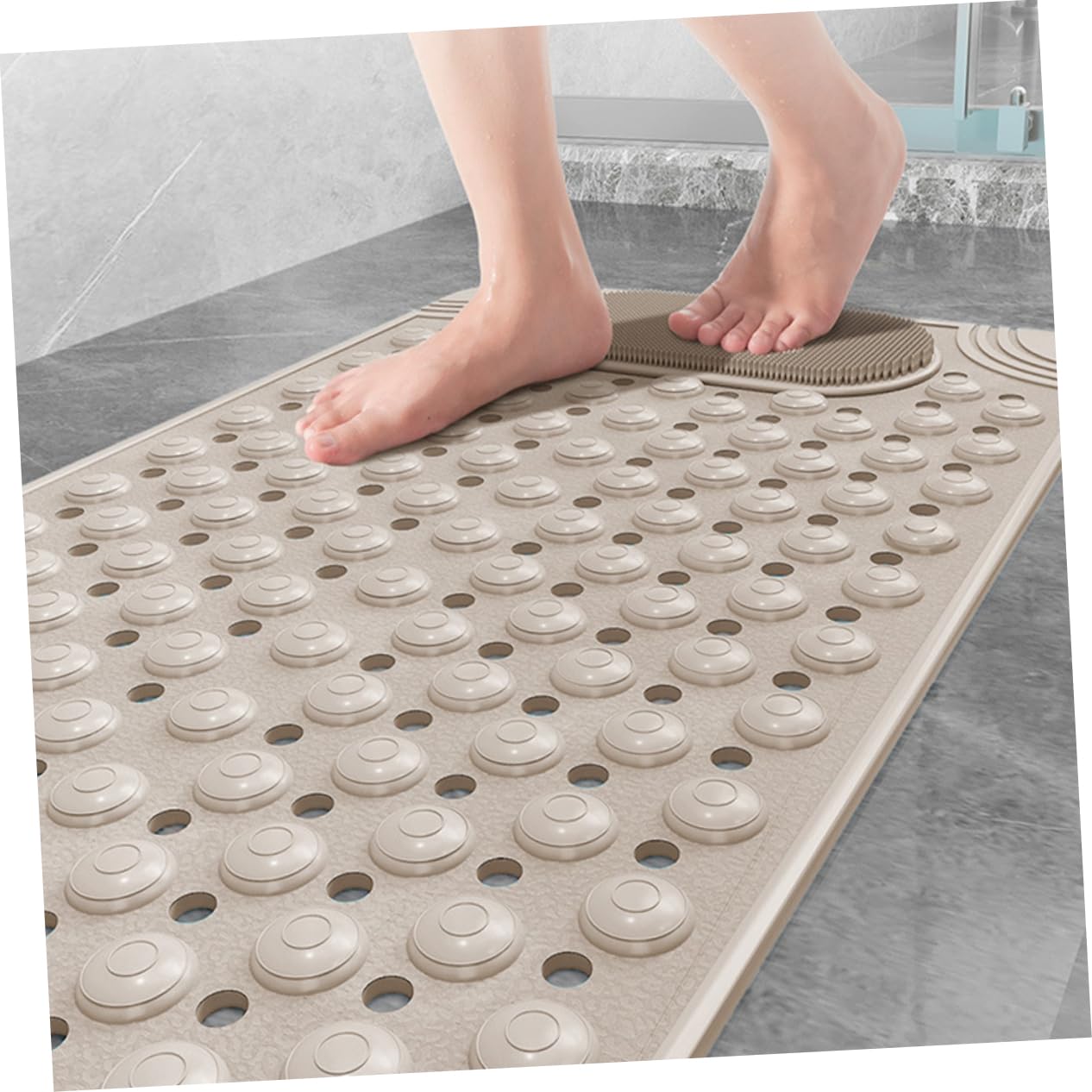 Non-Slip Bath Mat with Foot Scrubber – 80 × 50 cm, Anti-Skid Suction Cups & Drain Holes, Waterproof Shower Floor Pad with Exfoliating Brush(Grey) — image 4