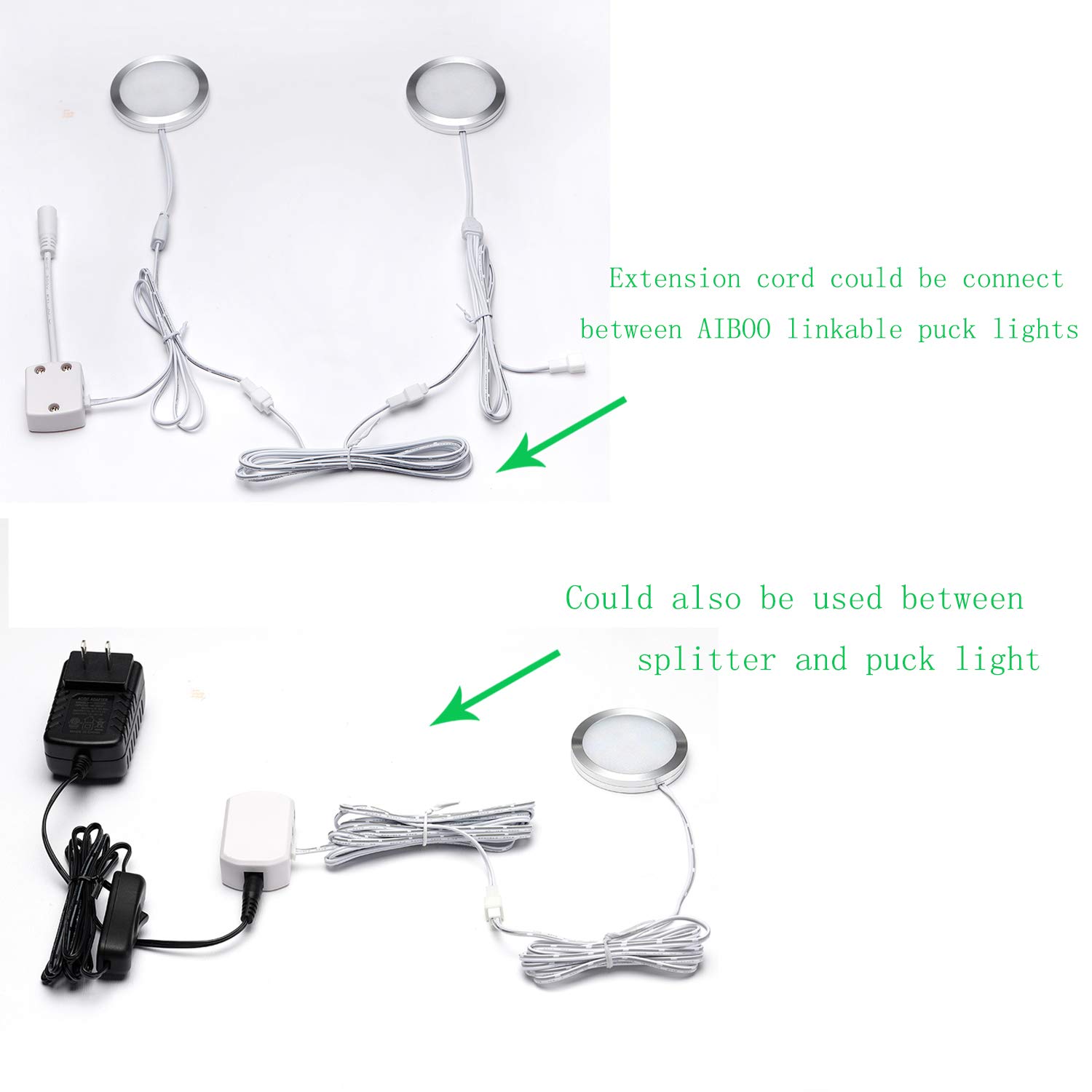 Extension Cables 9.84FT LED Under Cabinet Puck Lighting, 2-Pin Male and Female Cable Connector Extension Cords for Led Puck Lights with White Cords (6 Pack) — image 2