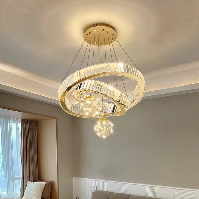 BAMDECOR C3335 Large Swirl Modern Crystal Ring Chandeliers Contemporary Round Chandelier Crystal Pendant Light(Gold-Two Rings) — image 2