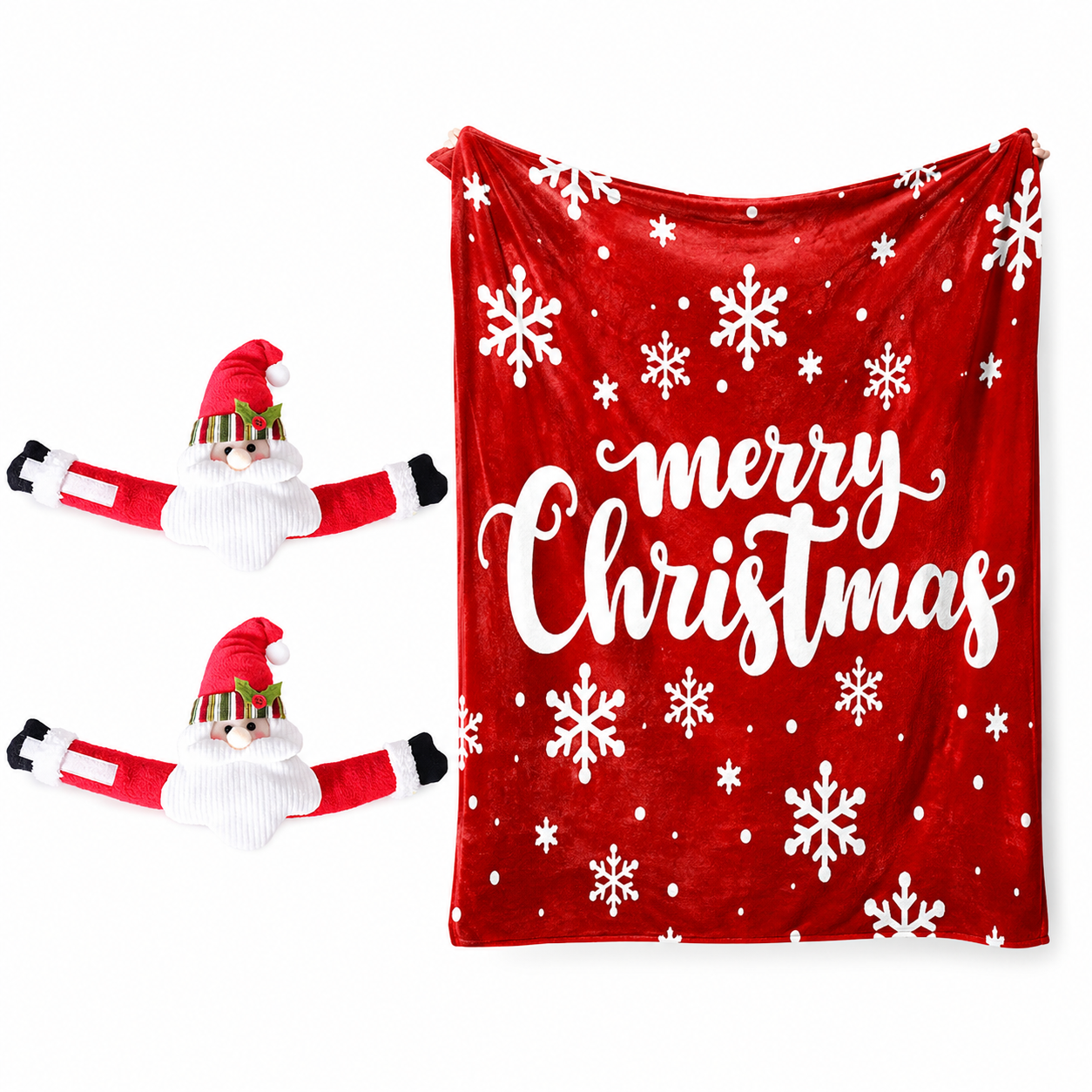 Christmas Flannel Throw Blanket and Santa Curtain Tieback Set, 150 × 200cm Thick Fleece Sofa Blanket with 2 Plush Santa Velcro Curtain Holders for Holiday Home — image 4