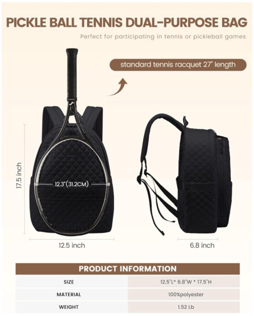 Backpack - Tennis Shoulder Crossbody Bag - Sports Bag - Waterproof Racket Bag - Suitable for Pickles and Badminton - Black — image 5
