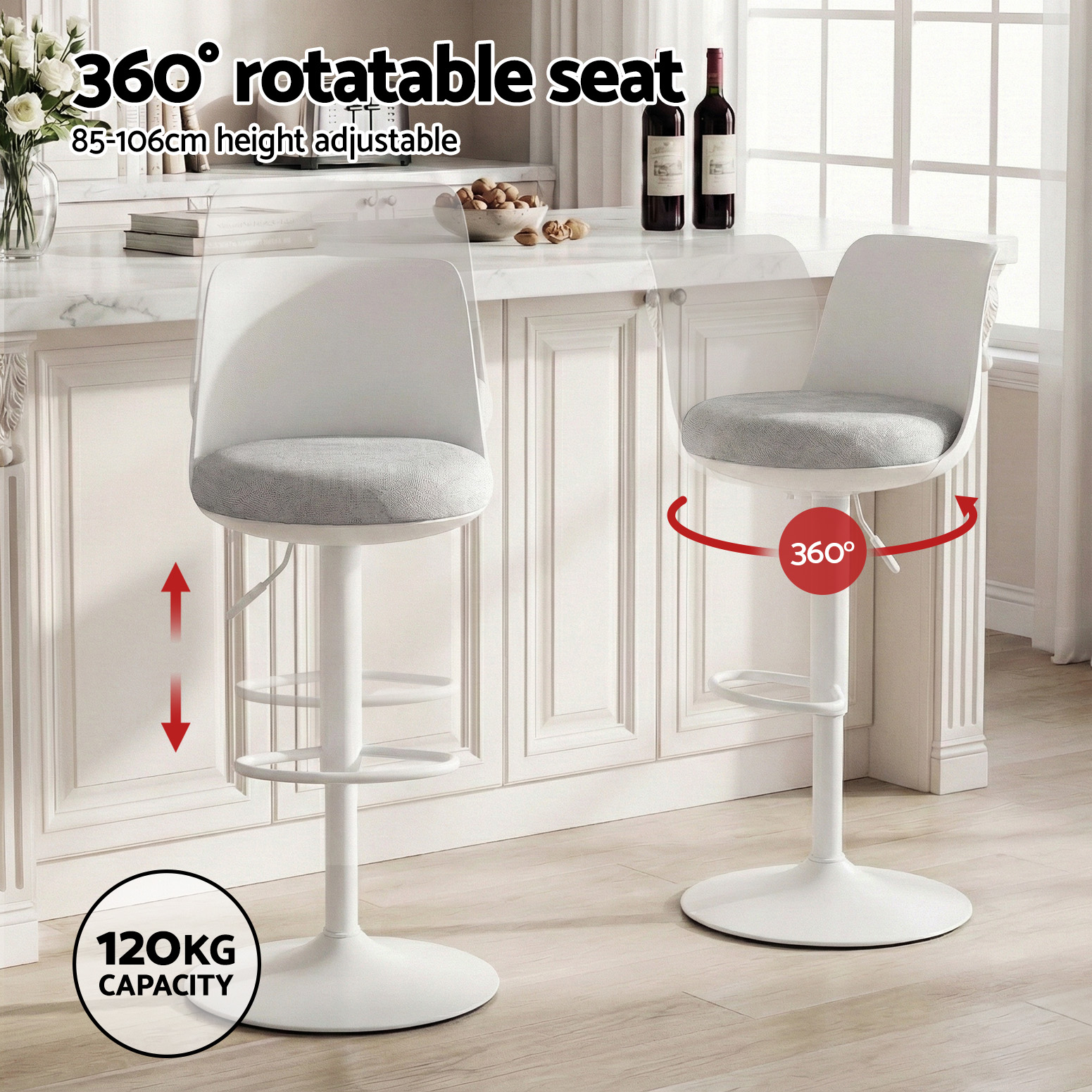 Artiss 2x Bar Stools Kitchen Swivel Gas Lift Counter Dining Chair Curved White — image 4