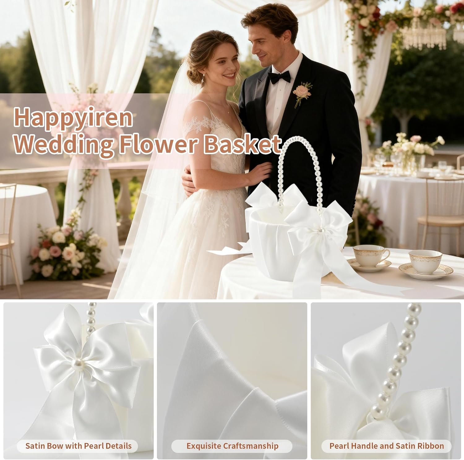 Wedding Flower Girl Basket - Elegant Pearl Handle with Bow Decoration, Ivory Color - 5.1" Diameter, Perfect for Flower Girls, Weddings, and Parties — image 5